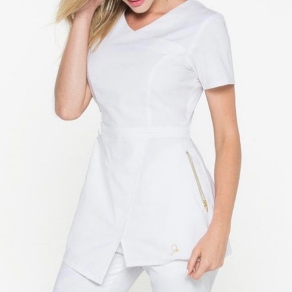 Jaanuu Asymmetric Gold Zipper Scrub Top